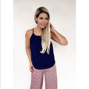 Navy Keyhole Pleated Sleeveless Blouse